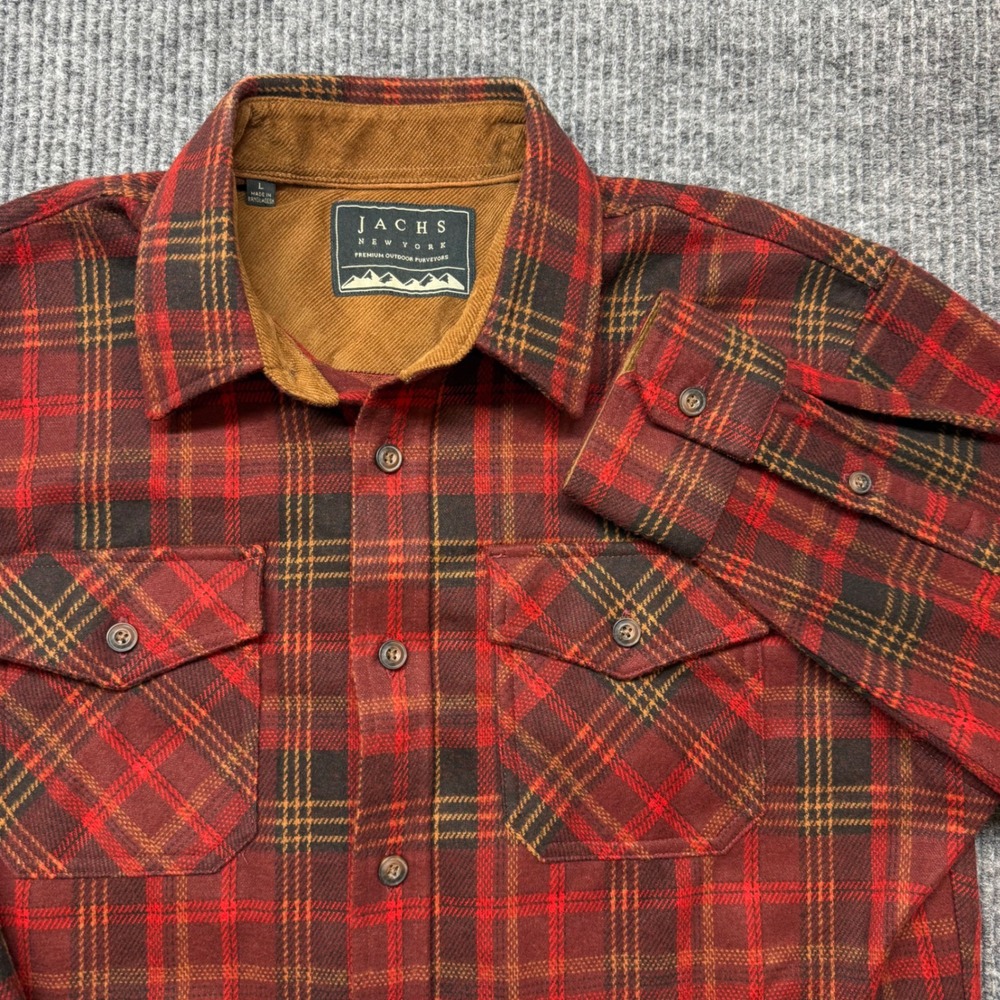Jachs NY Flannel Shirt Mens L Red Black Plaid Corduroy Trim Button Down